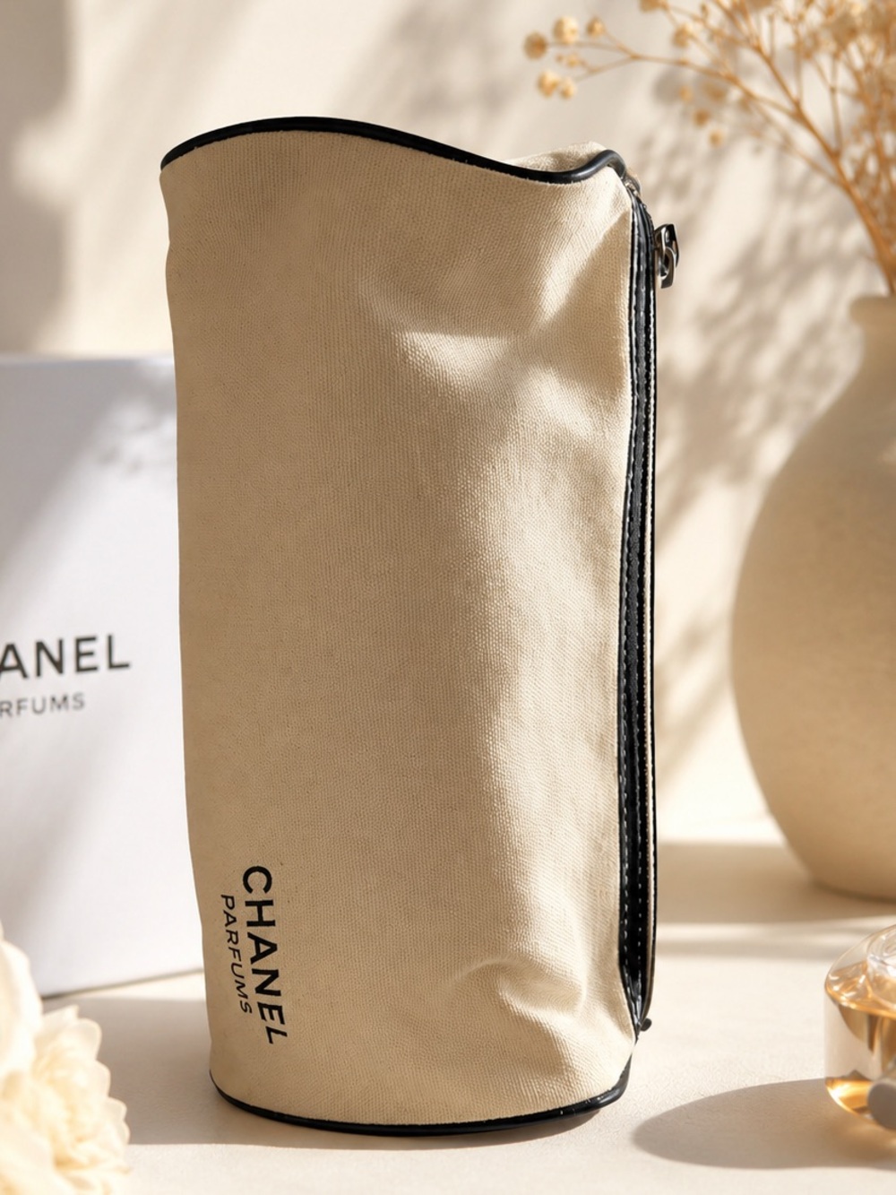 CHANEL Beige Canvas Parfum Pouch with Black Trim